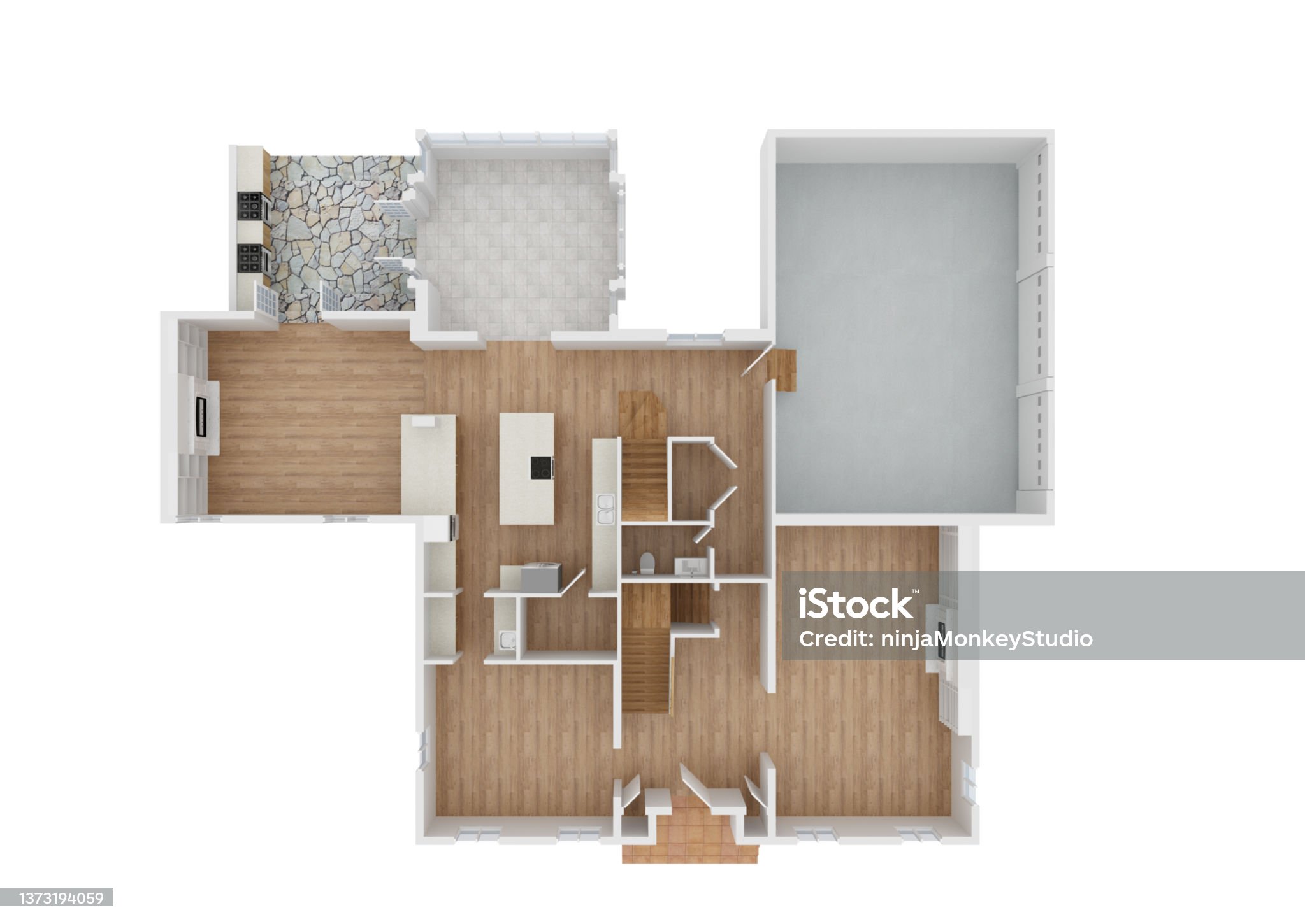 A 3D rendering of a single family home floor plan